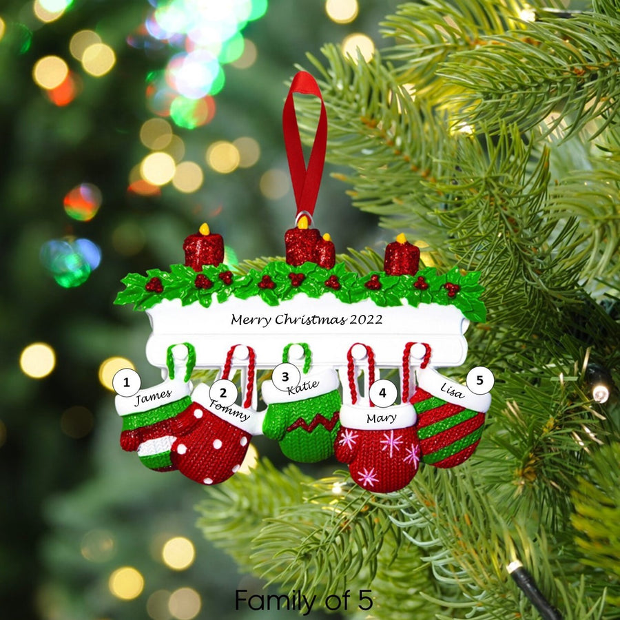 Red & Green Mitten Family Personalised Christmas Decoration